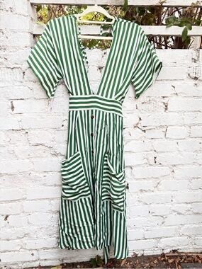 Faithfull the Brand Green and White Striped Deep V-Neck Midi Dress
